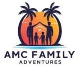 AMC Family Adventures logo showing a family of four—two parents and two boys—under palm trees at sunset